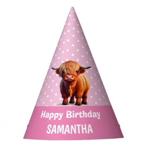 Highland Cow Happy Birthday Pink Party Hat