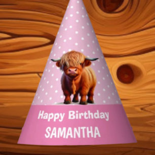 Highland Cow Happy Birthday Pink Party Hat