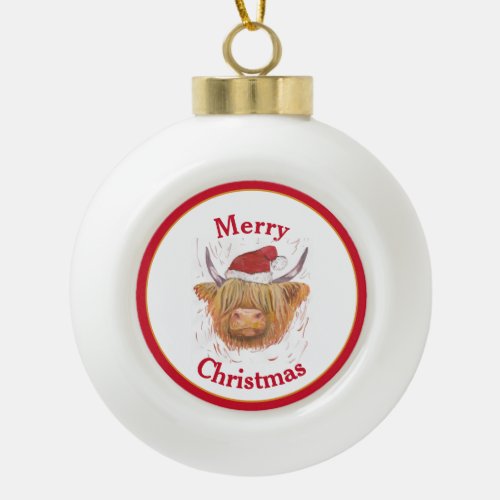 Highland Cow Hat Red Frame Merry Christmas Ceramic Ball Christmas Ornament