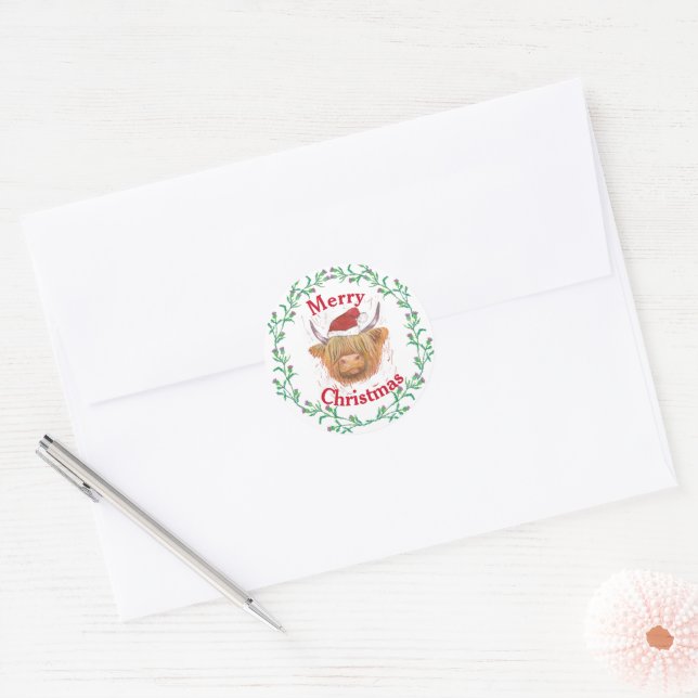 Highland Cow Hat Thistle Wreath Merry Christmas Classic Round Sticker (Envelope)