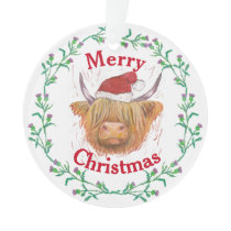 Highland Cow Hat Thistle Wreath Merry Christmas Ornament