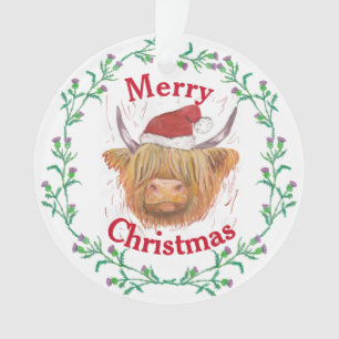 Highland Cow Hat Thistle Wreath Merry Christmas Ornament