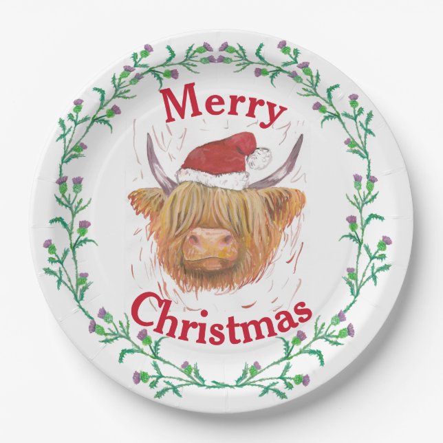 Highland Cow Hat Thistle Wreath Merry Christmas    Paper Plates (Front)