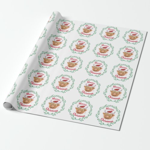 Highland Cow Hat Thistle Wreath Merry Christmas  Wrapping Paper