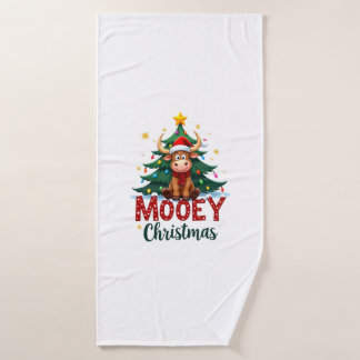 Highland Cow Heifer Santa Hat Mooey Christmas Tree Bath Towel