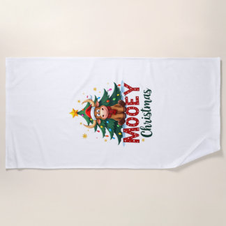 Highland Cow Heifer Santa Hat Mooey Christmas Tree Beach Towel