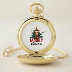 Highland Cow Heifer Santa Hat Mooey Christmas Tree Pocket Watch