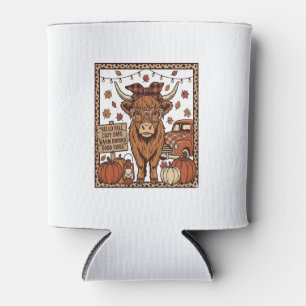 Highland Cow Hello Fall Vintage Engraving Design Can Cooler