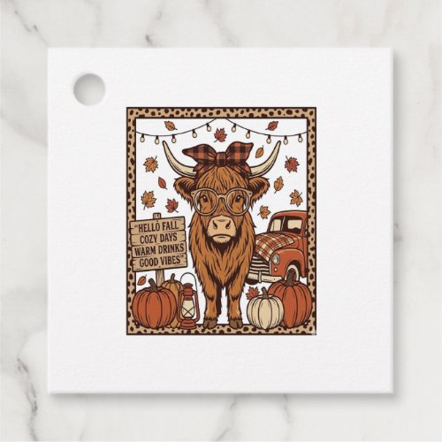 Highland Cow Hello Fall Vintage Engraving Design Favor Tags