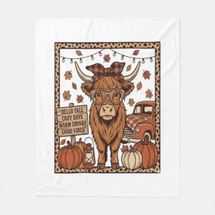 Highland Cow Hello Fall Vintage Engraving Design Fleece Blanket