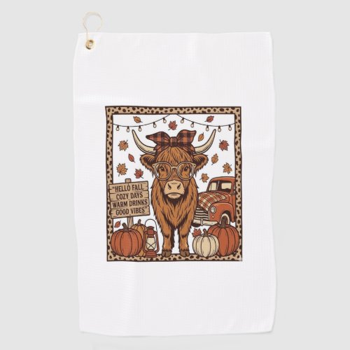 Highland Cow Hello Fall Vintage Engraving Design Golf Towel