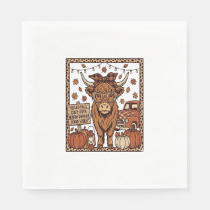 Highland Cow Hello Fall Vintage Engraving Design Napkins