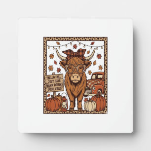 Highland Cow Hello Fall Vintage Engraving Design Plaque