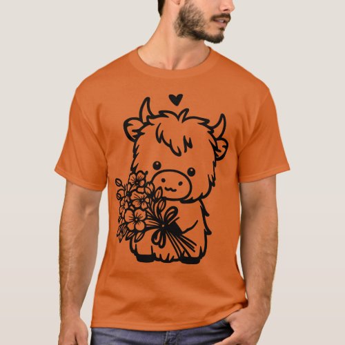 Highland Cow Holding Flowers T_Shirt