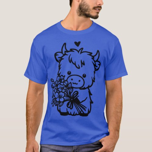 Highland Cow Holding Flowers T_Shirt