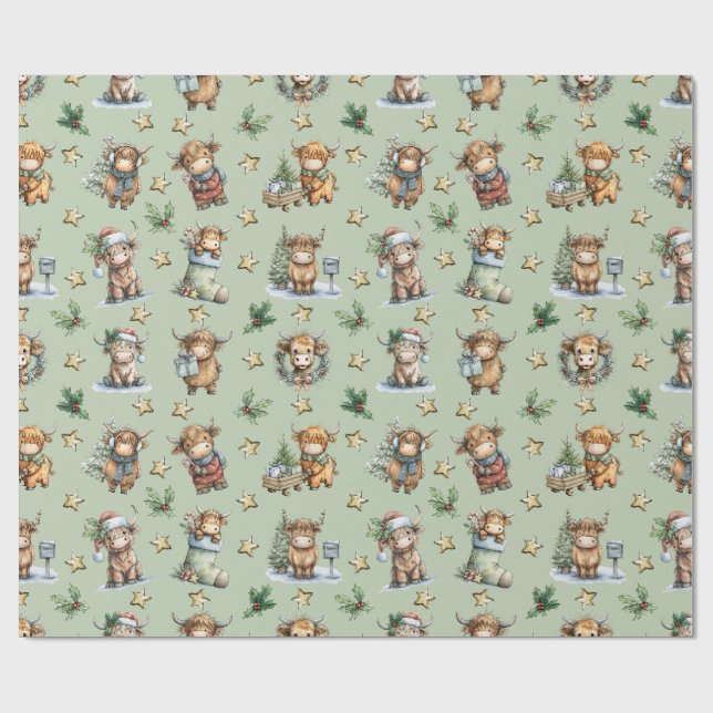 Highland Cow Holiday Parade Wrapping Paper (Flat)