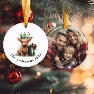Highland Cow Holly Crown Ceramic Photo Ornament