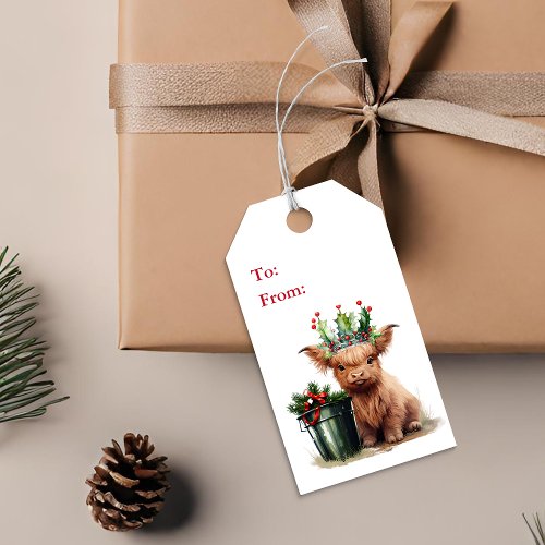 Highland Cow Holly Crown Christmas Gift Tag