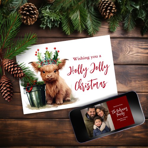 Highland Cow Holly Jolly Christmas Photo Card