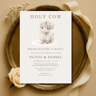 Highland Cow Holy Cow Pink Bow Girl Baby Shower Invitation