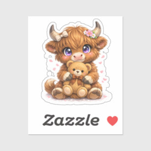  Highland Cow Hugging Teddy Bear Square Sticker