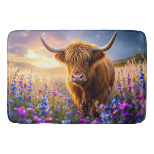 Highland Cow in a field of colorful flowers Bath Mat