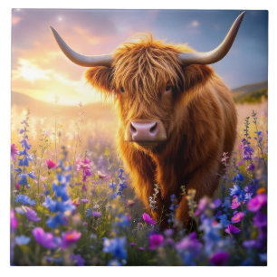 Highland Cow in a field of colorful flowers Ceramic Tile
