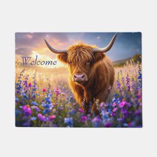 Highland Cow in a field of colorful flowers Doormat