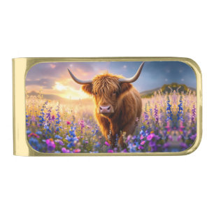 Highland Cow in a field of colorful flowers Gold Finish Money Clip