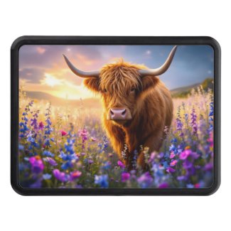 Highland Cow in a field of colorful flowers