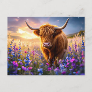 Highland Cow in a field of colorful flowers Postcard