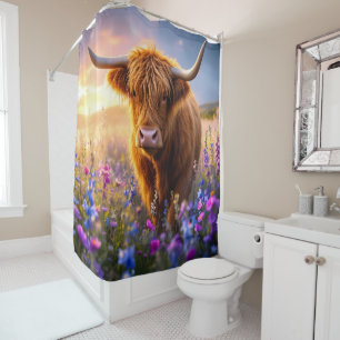Highland Cow in a field of colorful flowers Shower Curtain