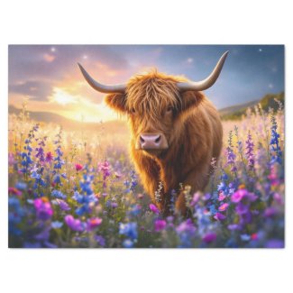 Highland Cow in a field of colorful flowers