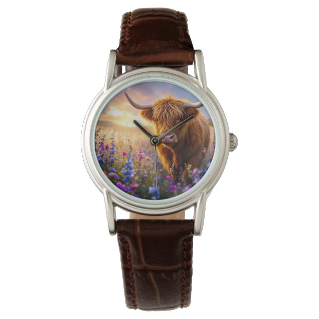 Highland Cow in a field of colorful flowers Watch (Front)