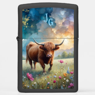 Highland Cow in a field of colorful flowers Zippo Lighter
