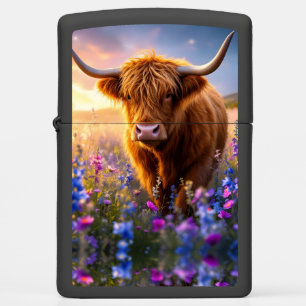 Highland Cow in a field of colorful flowers Zippo Lighter