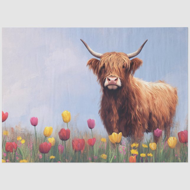 Highland Cow in a Field of Tulips Decoupage Tissue Paper (Front)
