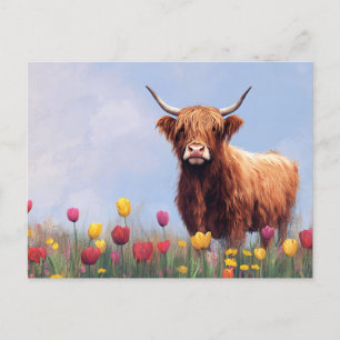 Highland Cow in a Field of Tulips Postcard