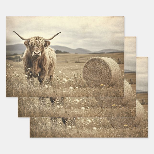 Highland Cow in a Hay Field Decoupage Wrapping Paper Sheets (Set)