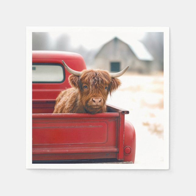 Highland Cow In a Red Retro Pickup Truck Napkins (Front)