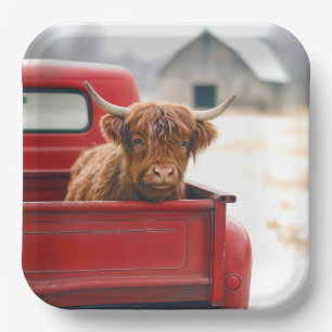 Highland Cow In a Red Retro Pickup Truck Paper Plates