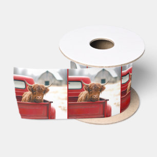 Highland Cow In a Red Retro Pickup Truck Satin Ribbon