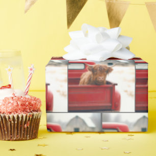 Highland Cow In a Red Retro Pickup Truck Wrapping Paper
