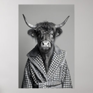 Highland Cow in Bathrobe Print, Funny Bathroom Poster