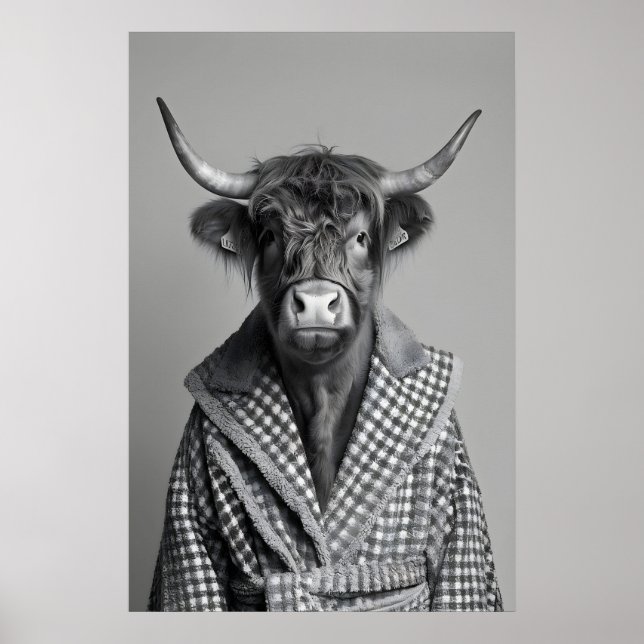 Highland Cow in Bathrobe Print, Funny Bathroom Poster (Front)