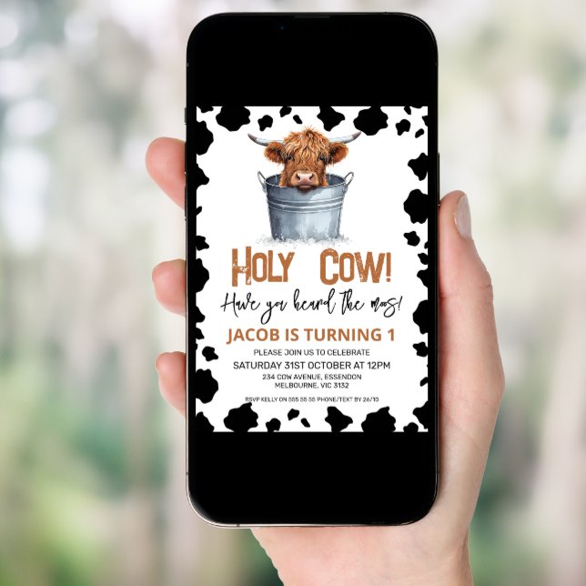 Highland Cow In Bucket Cow Print 1st Birthday Invitation (Front Digital)