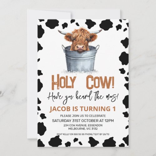 Highland Cow In Bucket Cow Print 1st Birthday Invitation