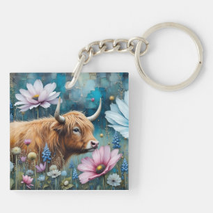 Highland Cow in Colorful Floral Tapestry Keychain