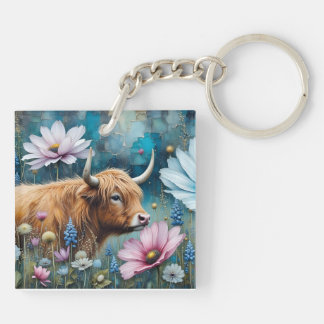 Highland Cow in Colorful Floral Tapestry Keychain