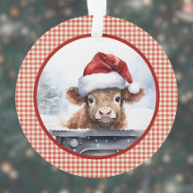 Highland Cow in Cute Santa Hat Gingham Christmas